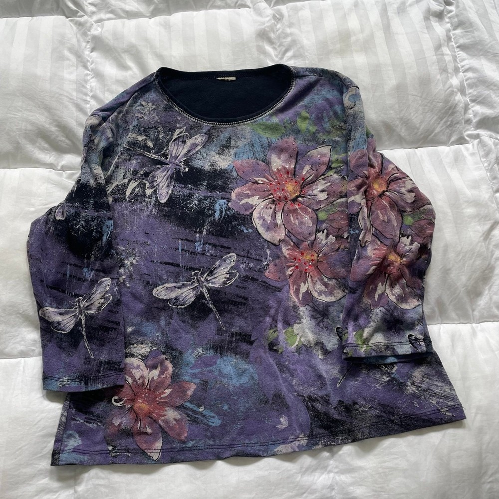 y2K Blue Purple Flower Print Long Sleeve Crewneck Shirt Women’s L W/ Rhinestones